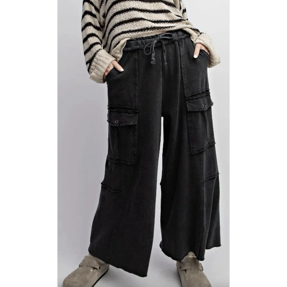 Easel Womens Utility Mineral Washed Wide Leg Terry Knit Cargo Pant Black Large - Picture 2 of 15